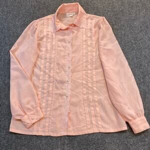 Vintage Tan Jay Women 10 Pink Ruffled Lace Long Sleeve Button Down Top Embroider